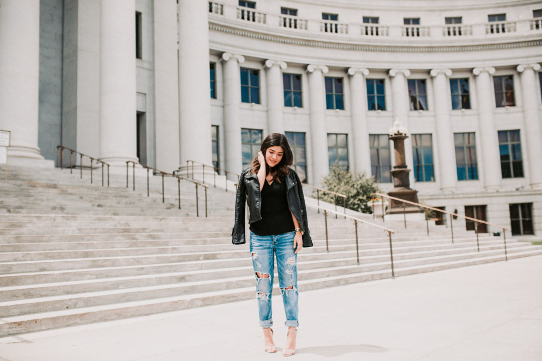 Carolina Hellal of Chic Talk wearing American Eagle tom girl ripped jeans and Bailey 44 black top