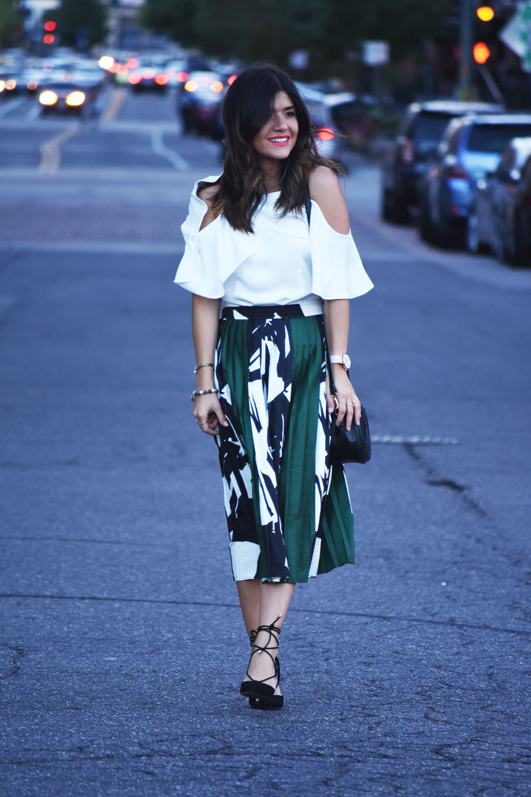 Carolina Hellal of Chic Talk wearing a Chicwish pleated skirt , cold shoulder top and Aldo pointy black pointy pumps - PLEATED MIDI SKIRT AND COLD SHOULDER TOP by popular Denver fashion blogger Chic Talk