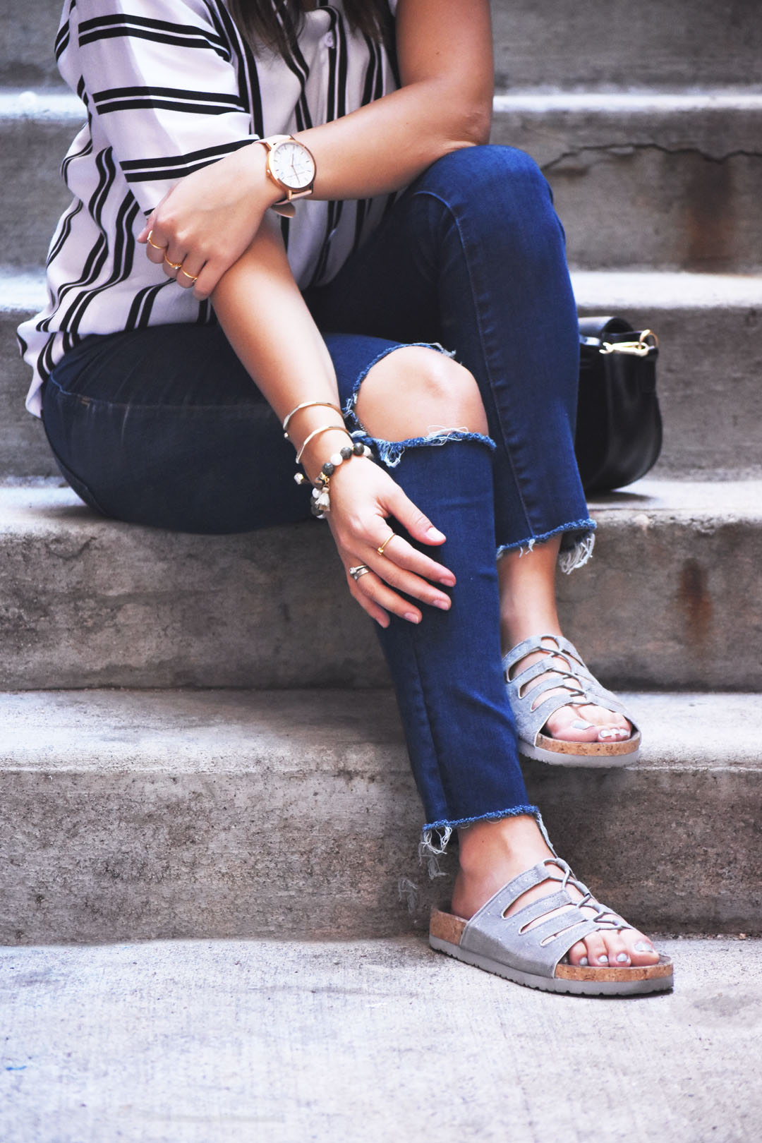 Madewell jeans and skechers grey sandals