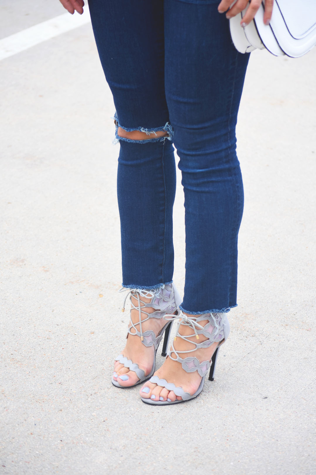 Madewell ripped jeans, and Public Desire grey lace up heeled sandals