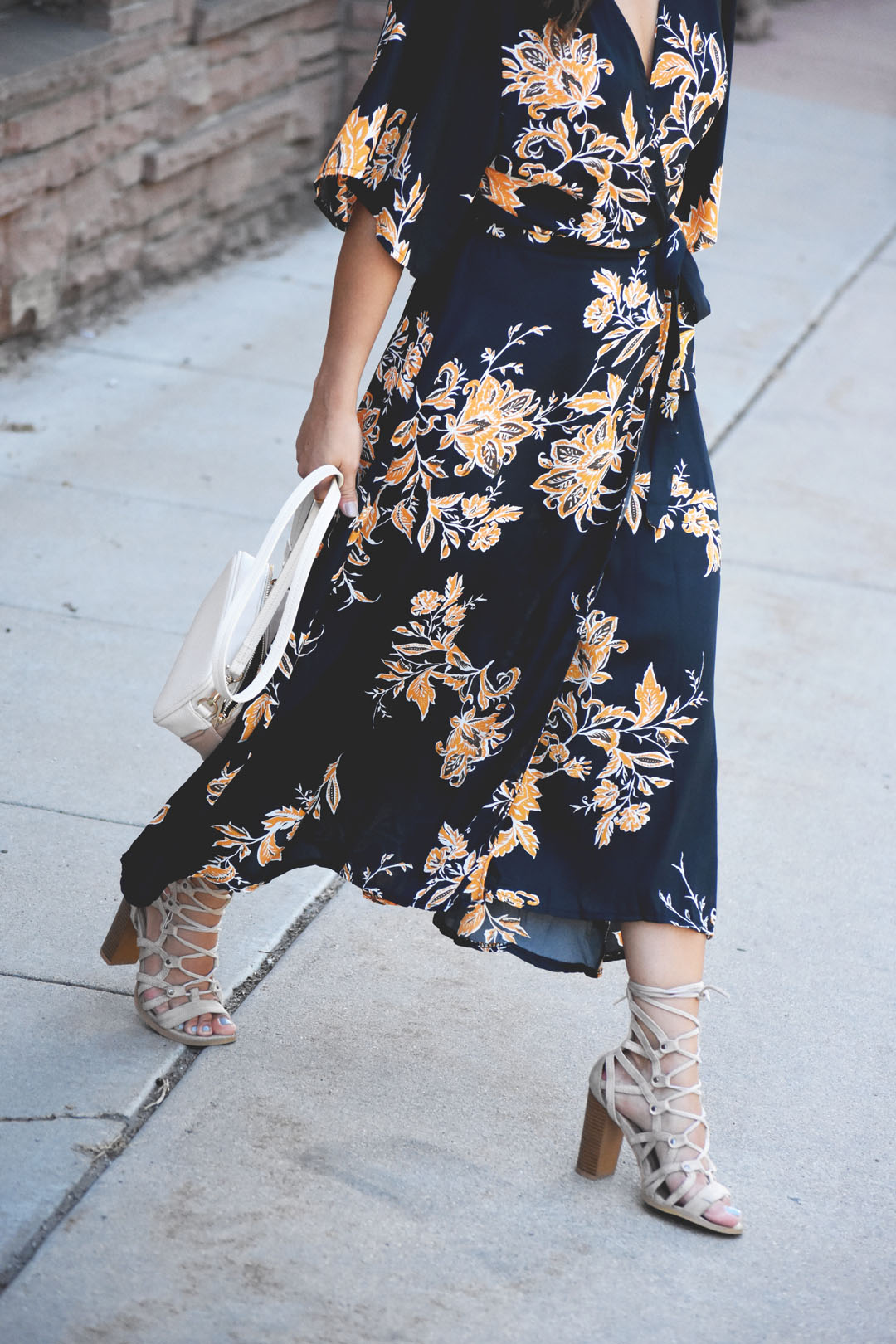 SheIn summer floral wrap dress and Lasula beige lace up sandals
