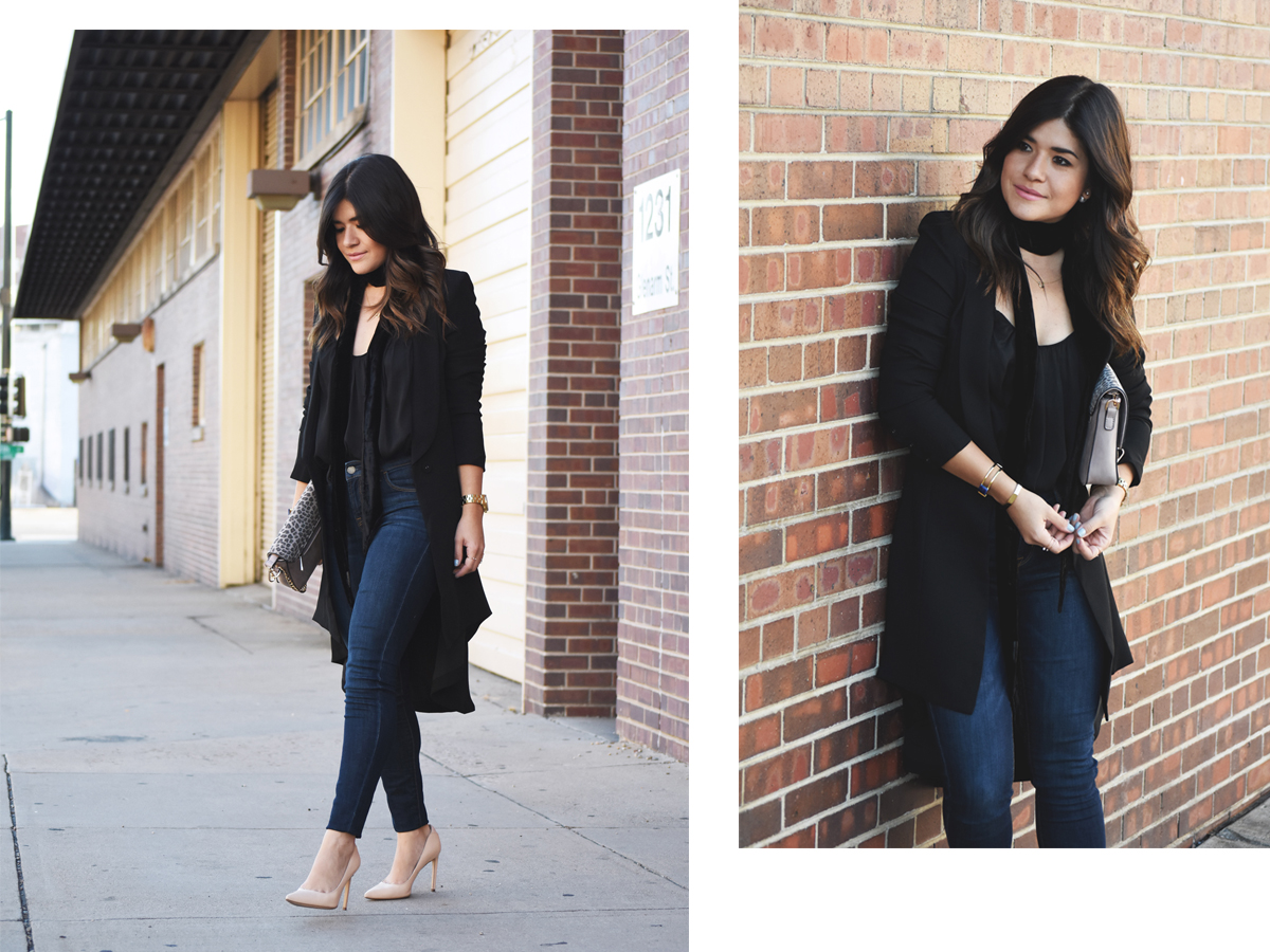 Carolina Hella of Chic Talk wearing a Tobi black long blazer, Sam Edelman nude pumps, Old Navy skinny jeans and h&m neck scarf and top