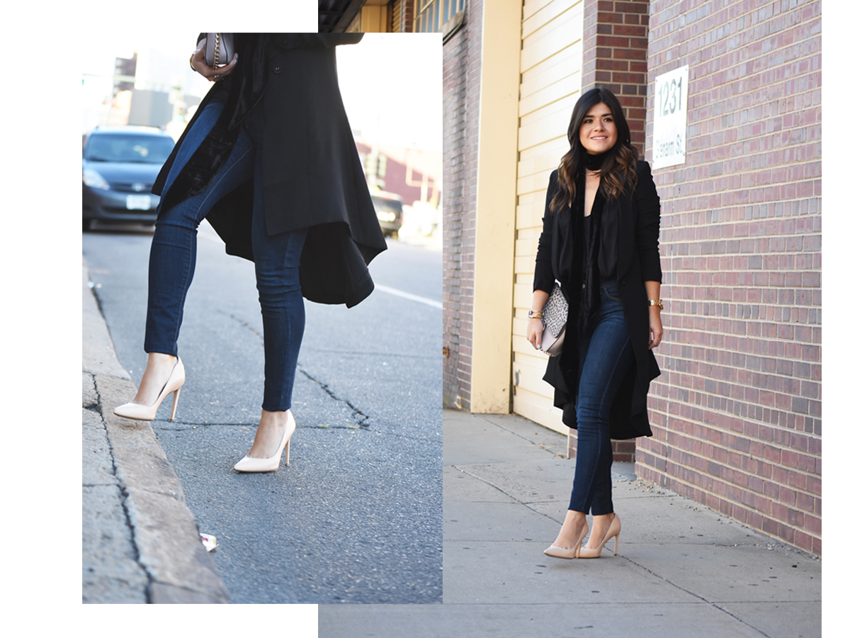 Carolina Hella of Chic Talk wearing a Tobi black long blazer, Sam Edelman nude pumps, Old Navy skinny jeans and h&m neck scarf and top