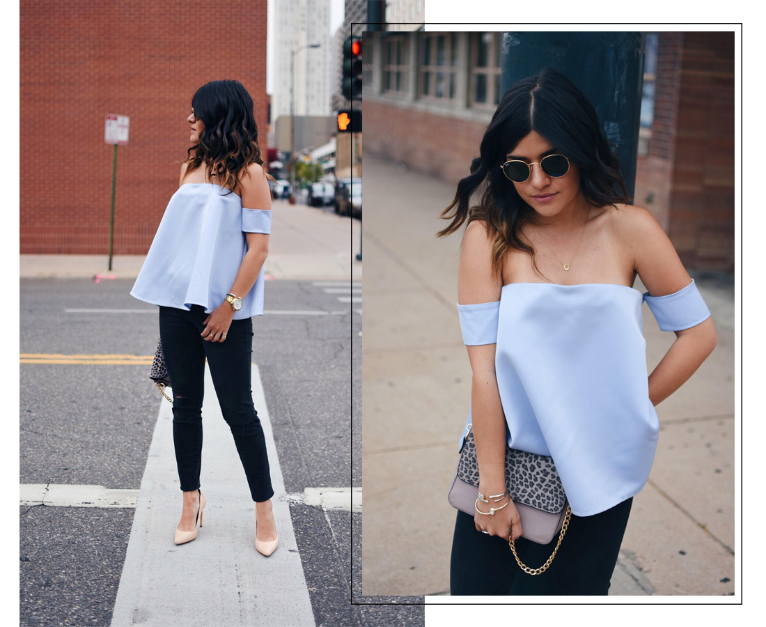Carolina Hellal of Chic Talk wearing a chicwish straples top, madewell jeans and Sam Edelman nude pumps