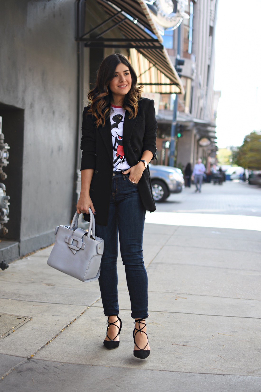 Carolina Hellal of Chic Talk wearing a VIPme grey bag, Vintage black boyfriend blazer and Mickey Mouse t-shirt