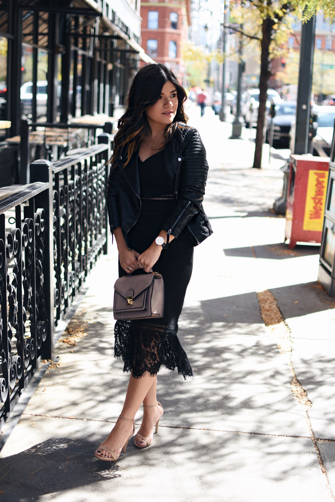 Carolina Hellal of Chic Talk wearing a Chicwish black lace dress, Topshop faux leather jacket, Mellow World bag and Steve Madden nude sandals