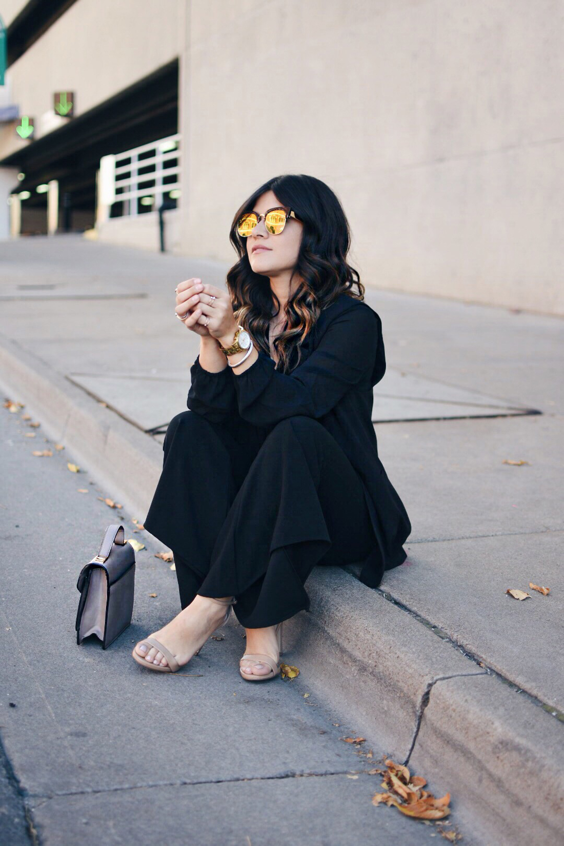Carolina Hellal of Chic Talk wearing Nordstrom mirror sunglasses, Shein bell bottom pants, Forever21 black chiffon top and Steve Madden nude strap sandals