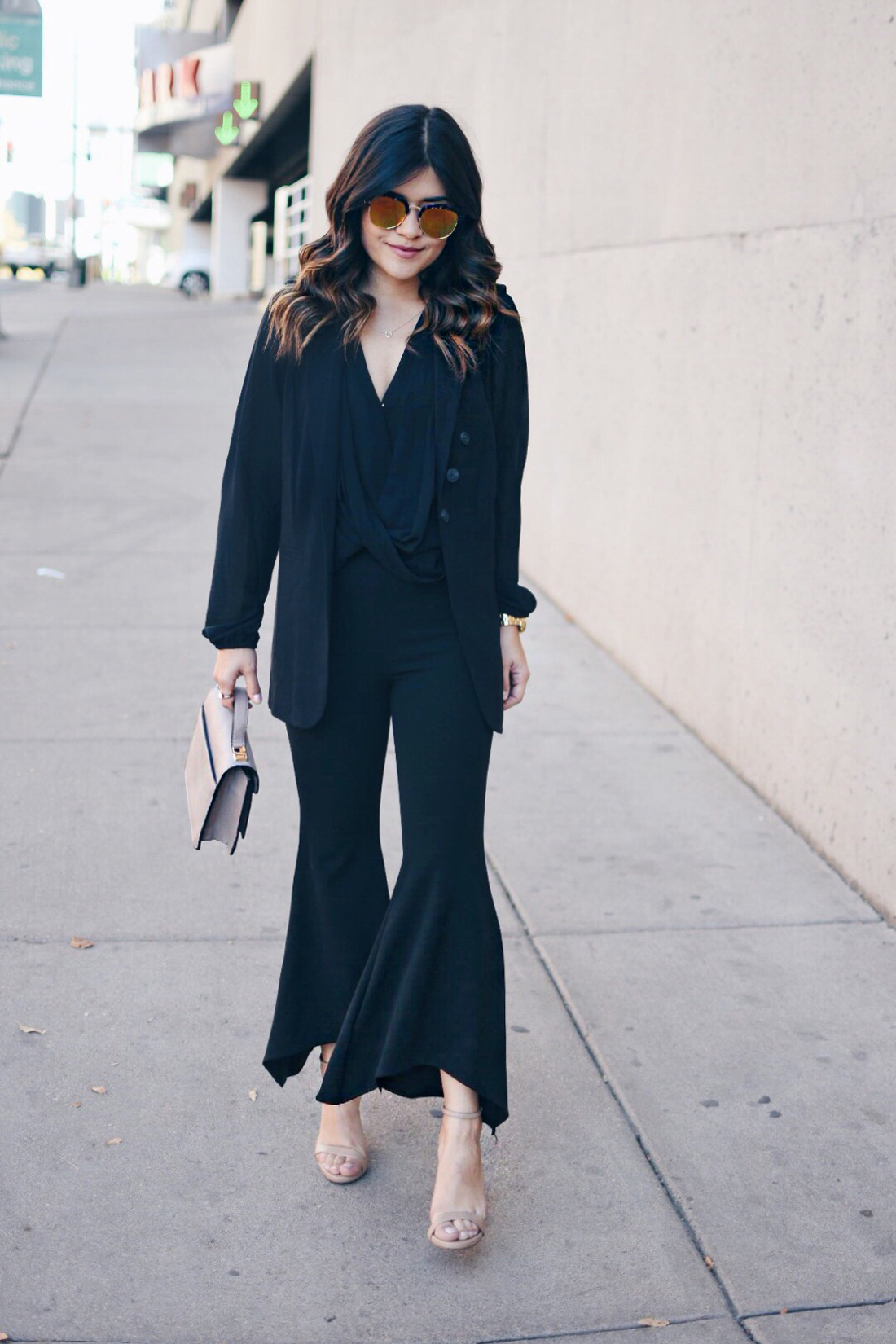 Carolina Hellal of Chic Talk wearing a Forever21 chiffon top, SheIn cropped bell bottom pants, Kensie black vest and Steve Madden nude sandals