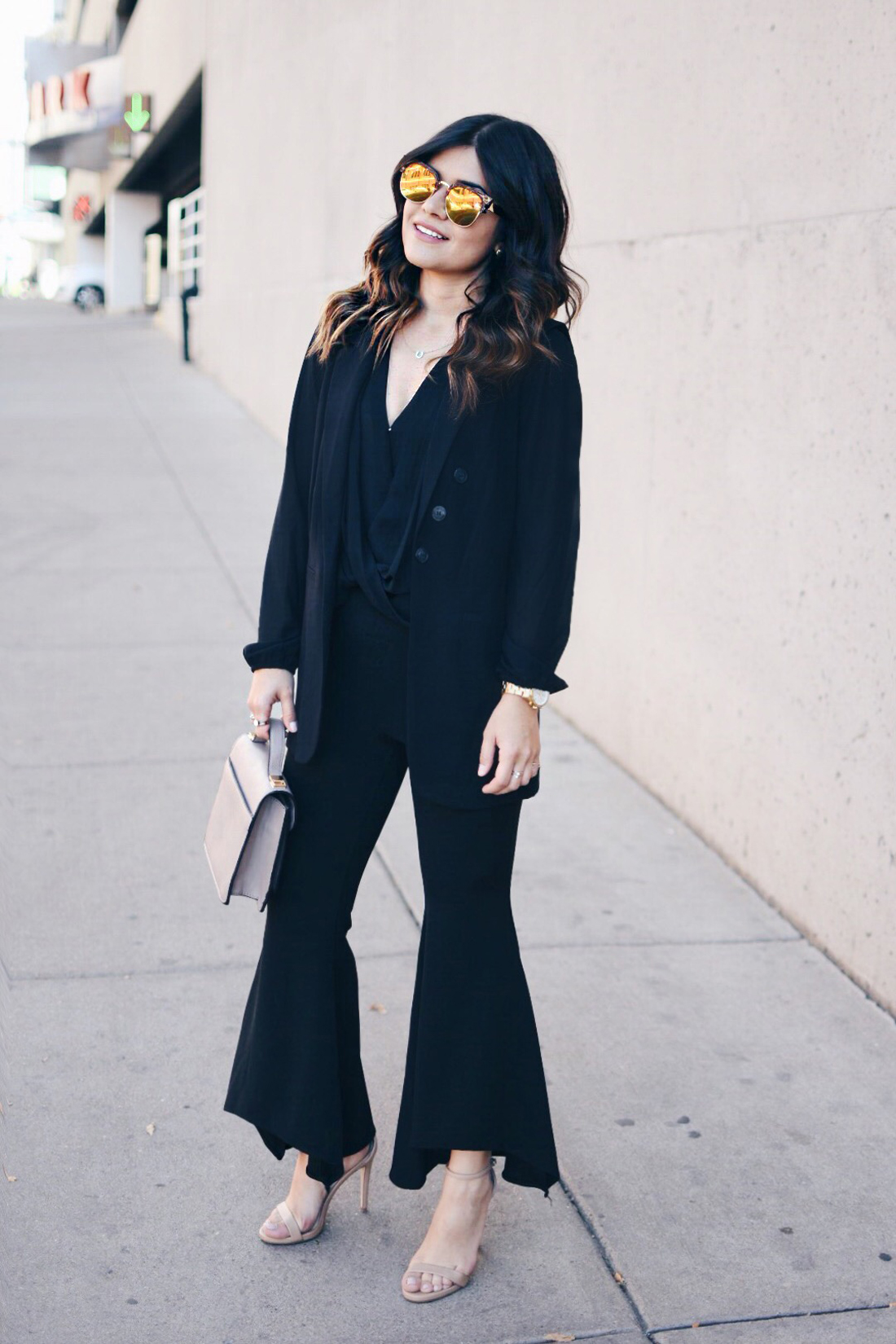 Carolina Hellal of Chic Talk wearing mirror sunglasses, SheIn bell bottom pants, Forever21 black chiffon top and Steve Madden nude strap sandals