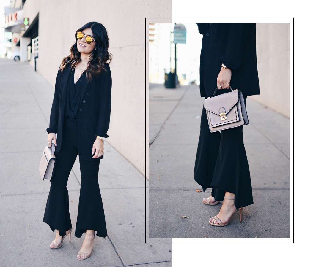 Carolina Hellal of Chic Talk wearing a Forever21 chiffon top, SheIn cropped bell bottom pants, Kensie black vest and Steve Madden nude sandals