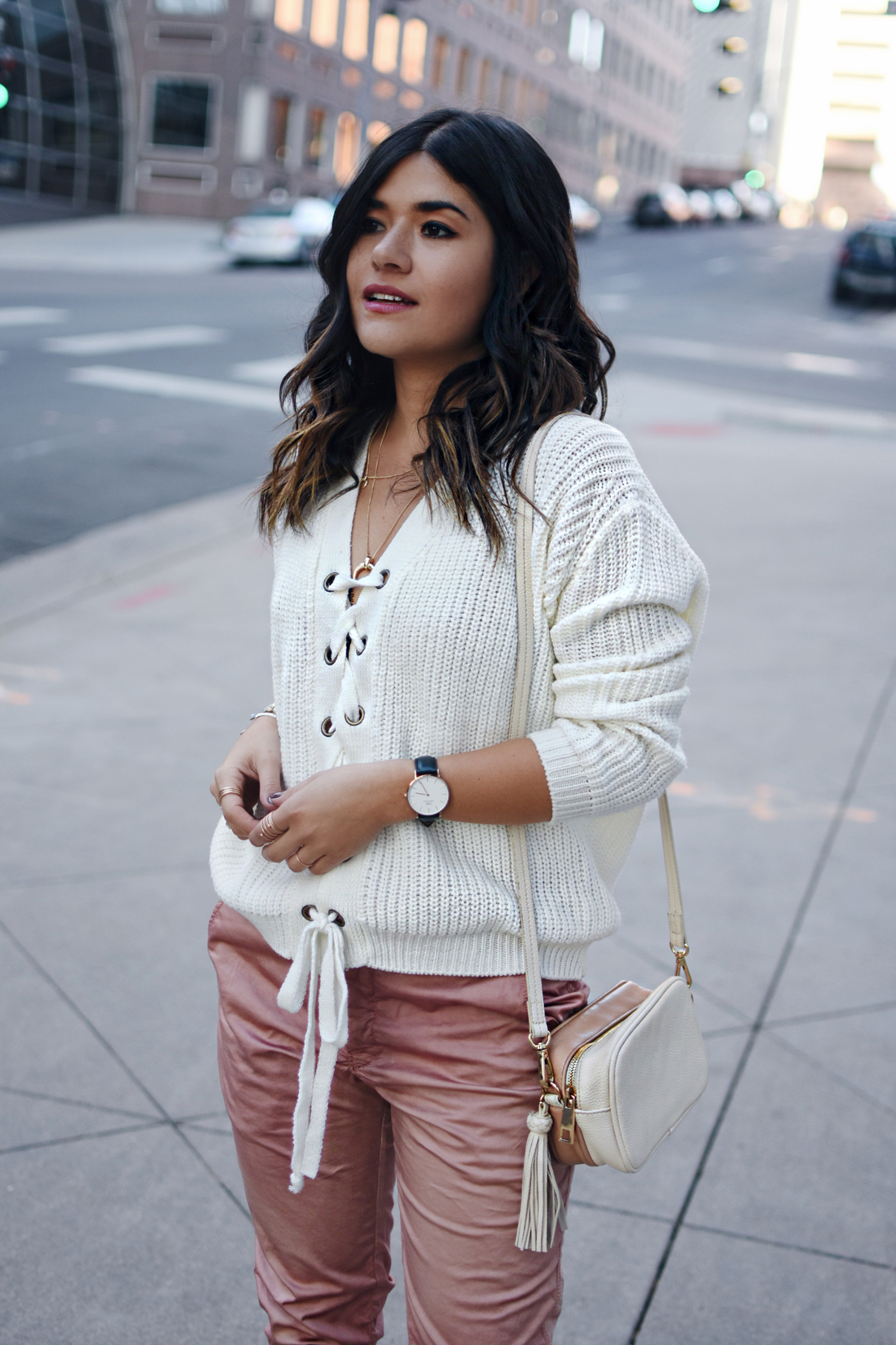 Carolina Hellal of Chic Talk wearing a Chicwish lace up sweater, Steve Madden lace up nude sandals, and H&M crossbody nude bag. 