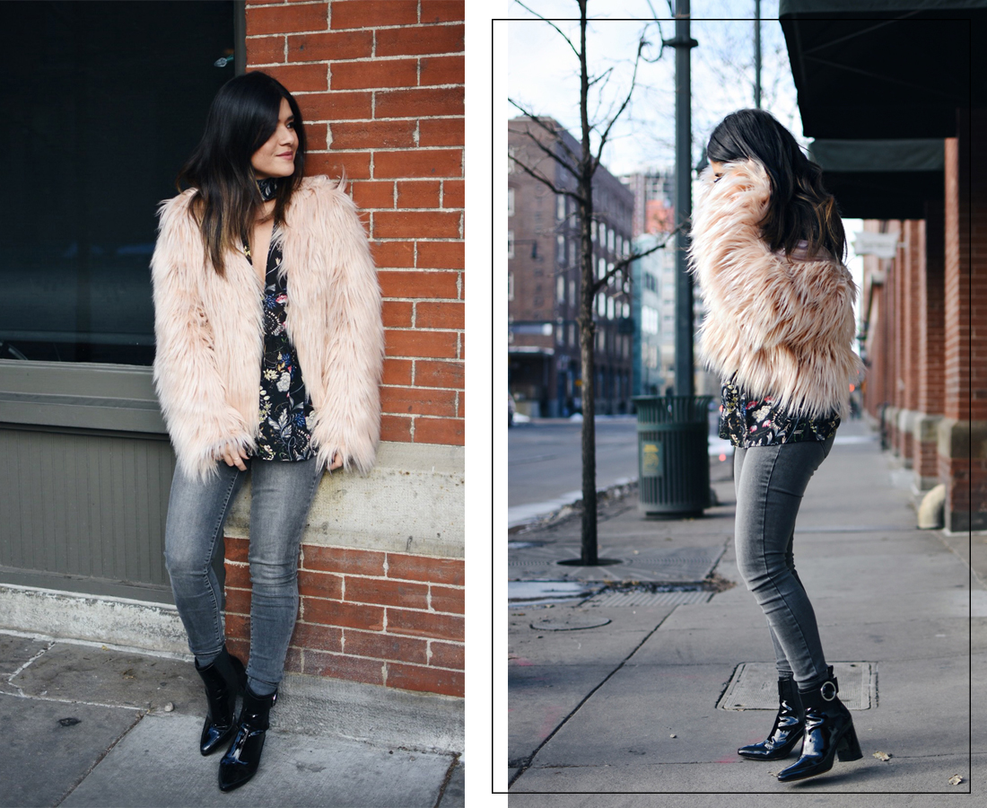 Carolina Hellal of Chic Talk wearing a floral chiffon top, a furry coat and Madewell jeans.