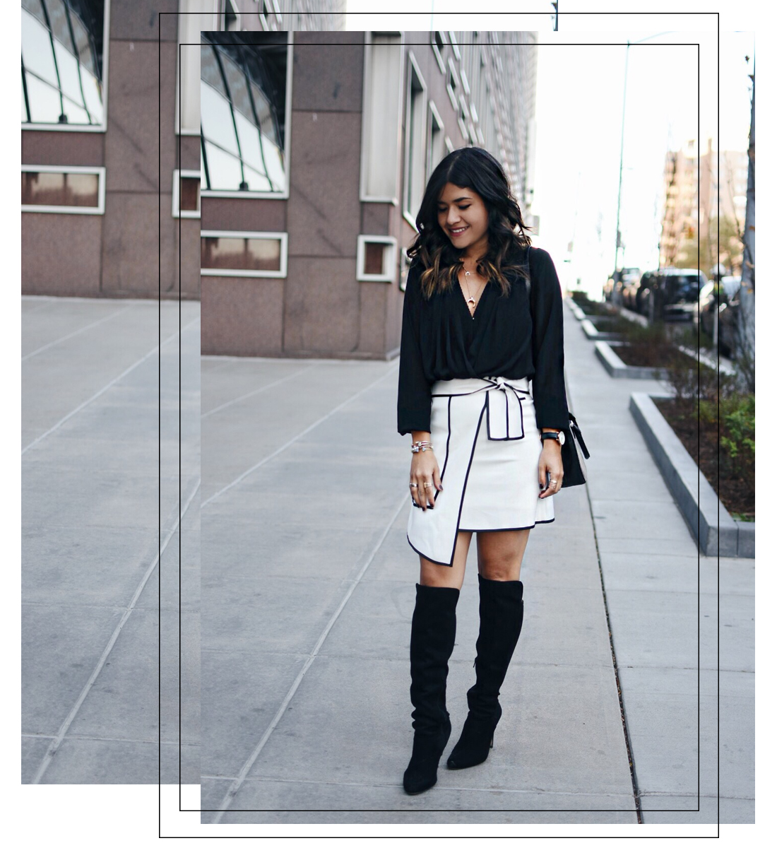 Carolina Hellal of Chic Talk wearing a white asymmetrical Chicwish skirt, Forever21 chiffon top and Suede Knee high boots.
