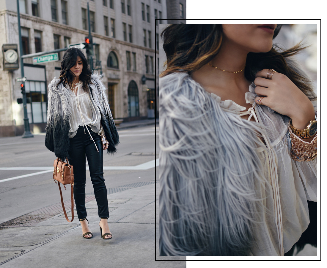 Carolina Hellal wearing a Chicwish faux fur coat, Free People sequin top, Madewell coated jeans, Payless sandals, and 3.1 Phillip Lim bag