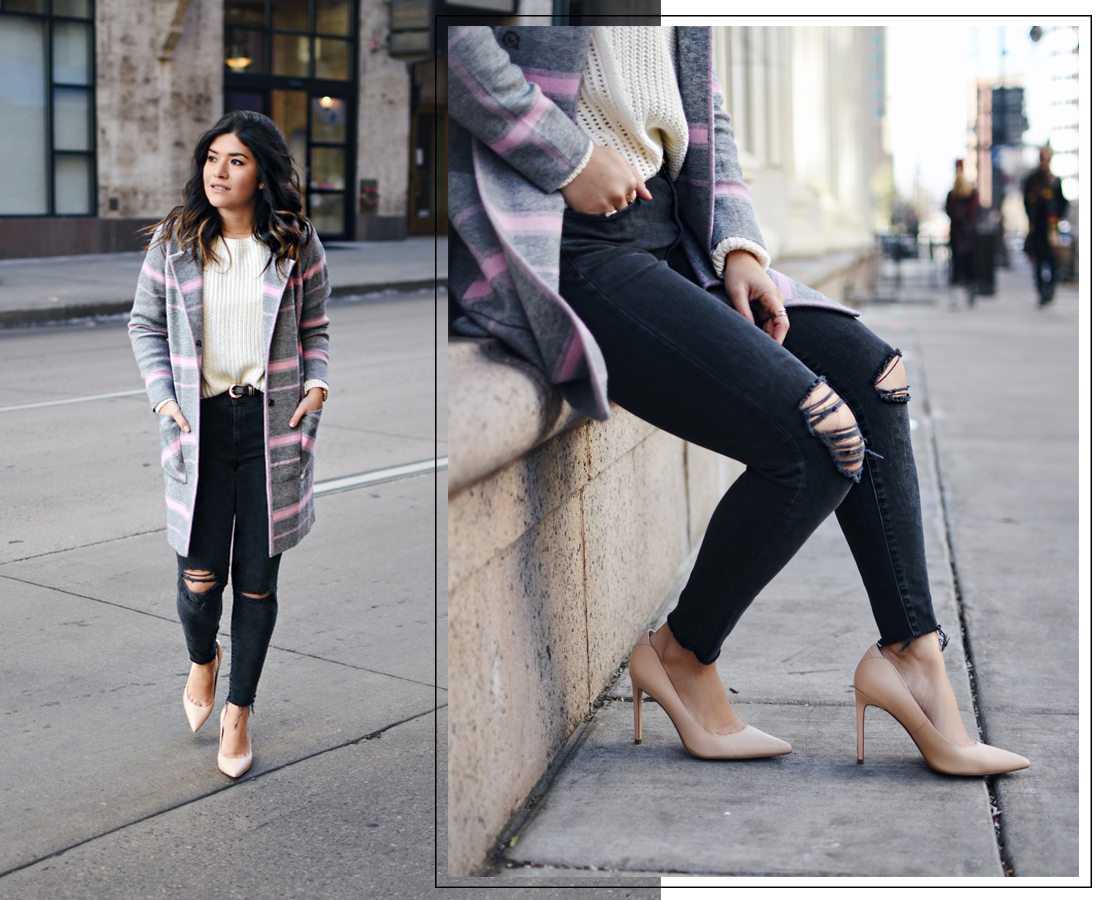 Carolina Hellal of Chic Talk wearing a Chicwish plaid coat, Madewell jeans, Sam Edelman nude pumps and Vince knit sweater