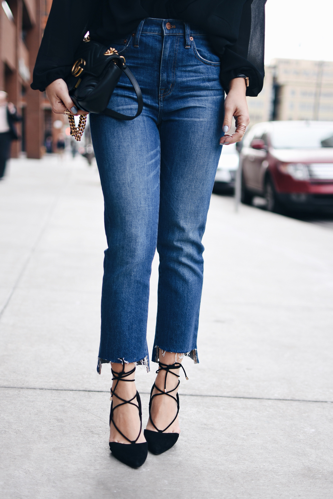 Madewell raw hem jeans and Aldo lace up pumps