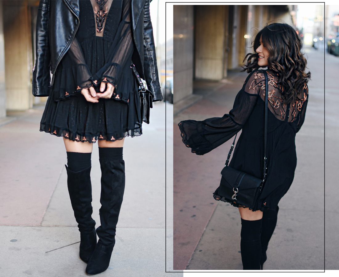 Carolina Hellal of Chic Talk wearing a Free People dress, Rebecca Minkoff crossbody bag, Topshop faux leather jacket, and Vince Camuto over the knee black boots