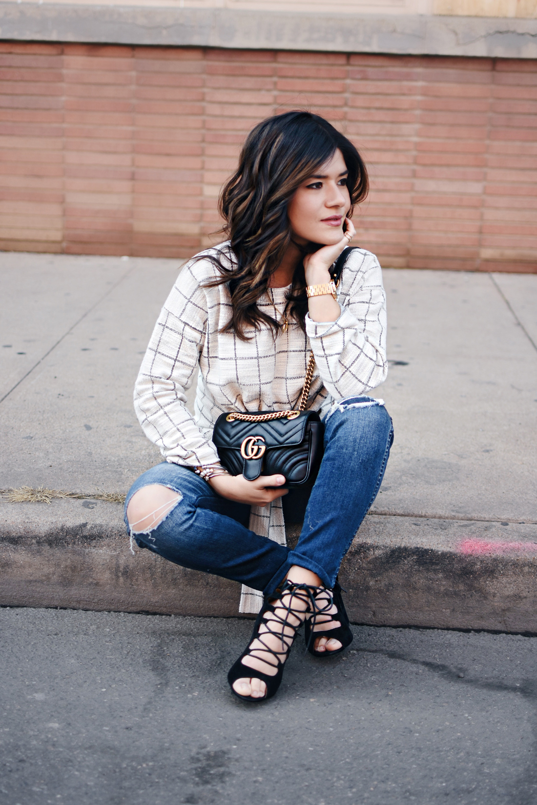 Carolina Hellal of Chic Talk wearing a Madewell top, Madewell jeans, Public Desire shoes and Gucci bag.