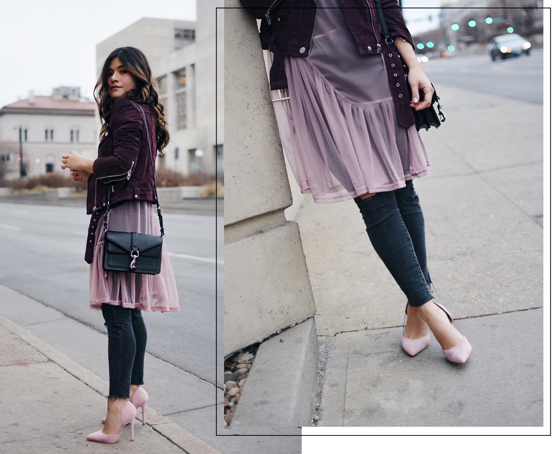 Carolina Hellal of Chic Talk wearing a Nordtrom suede burgundy jacket, madewell jeans, River Island tulle top in lilac, Rebecca Minkoff bag, and public Desire shoes