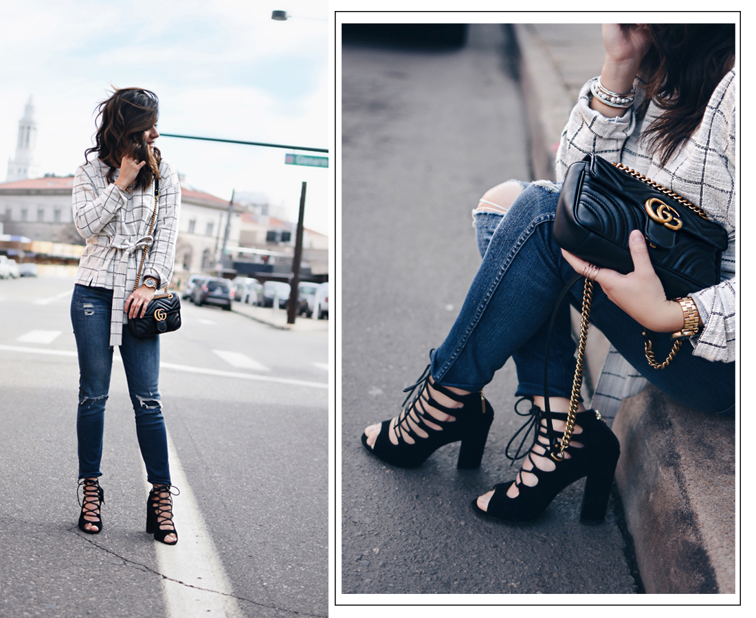 Carolina Hellal of Chic Talk wearing a Madewell top, Madewell jeans, Public Desire shoes and Gucci bag.