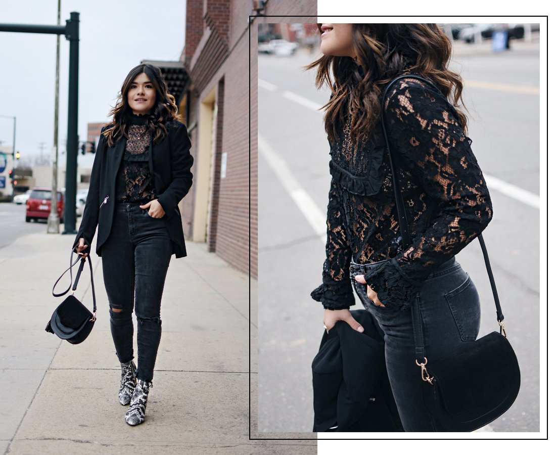 Carolina Hellal of Chic Talk wearing an Asos black lace top, Madewell jeans, Public Desire snake print boots, BCBG blazer 
