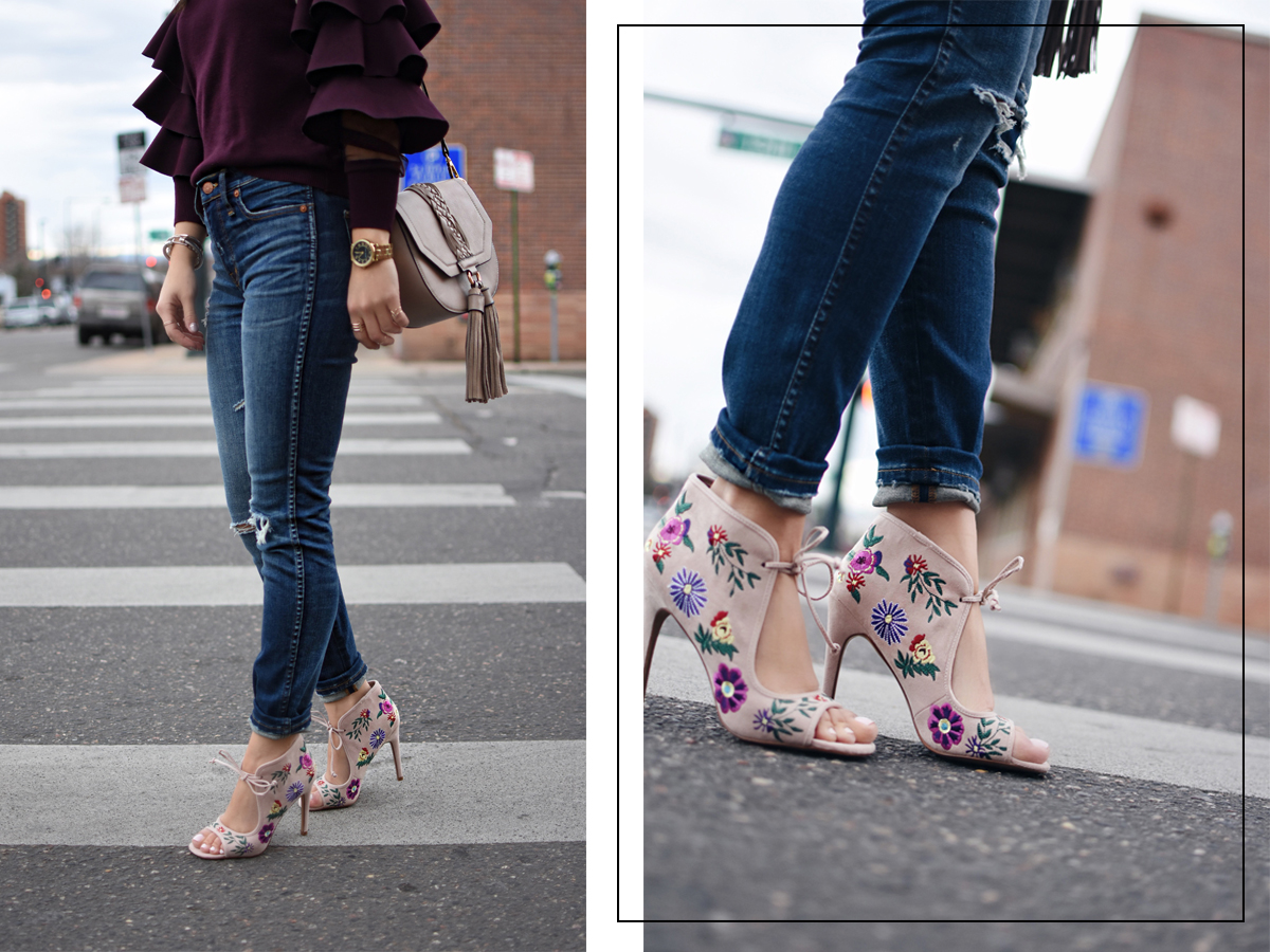 Carolina Hellal of Chic Talk wearing Madewell jeans, Betsey Johnson shoes via DSW, Chicwish ruffle top, and a Moda Luxe bag