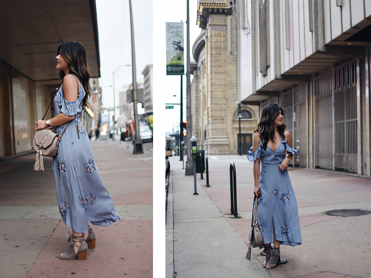 Carolina Hellal of Chic Talk wearing a midi floral dress, Moda Luxe bag and Zooshoo lace up booties