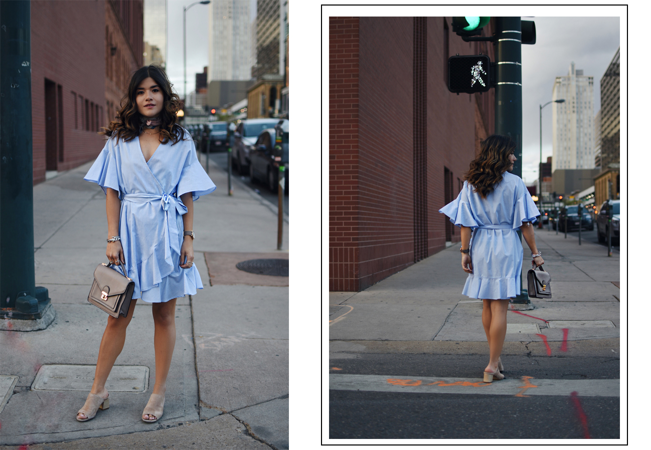 Carolina Hellal of Chic Talk wearing a Topshop spring dress with Donald J.Pliner nude mules and a Marc Jacobs watch. 