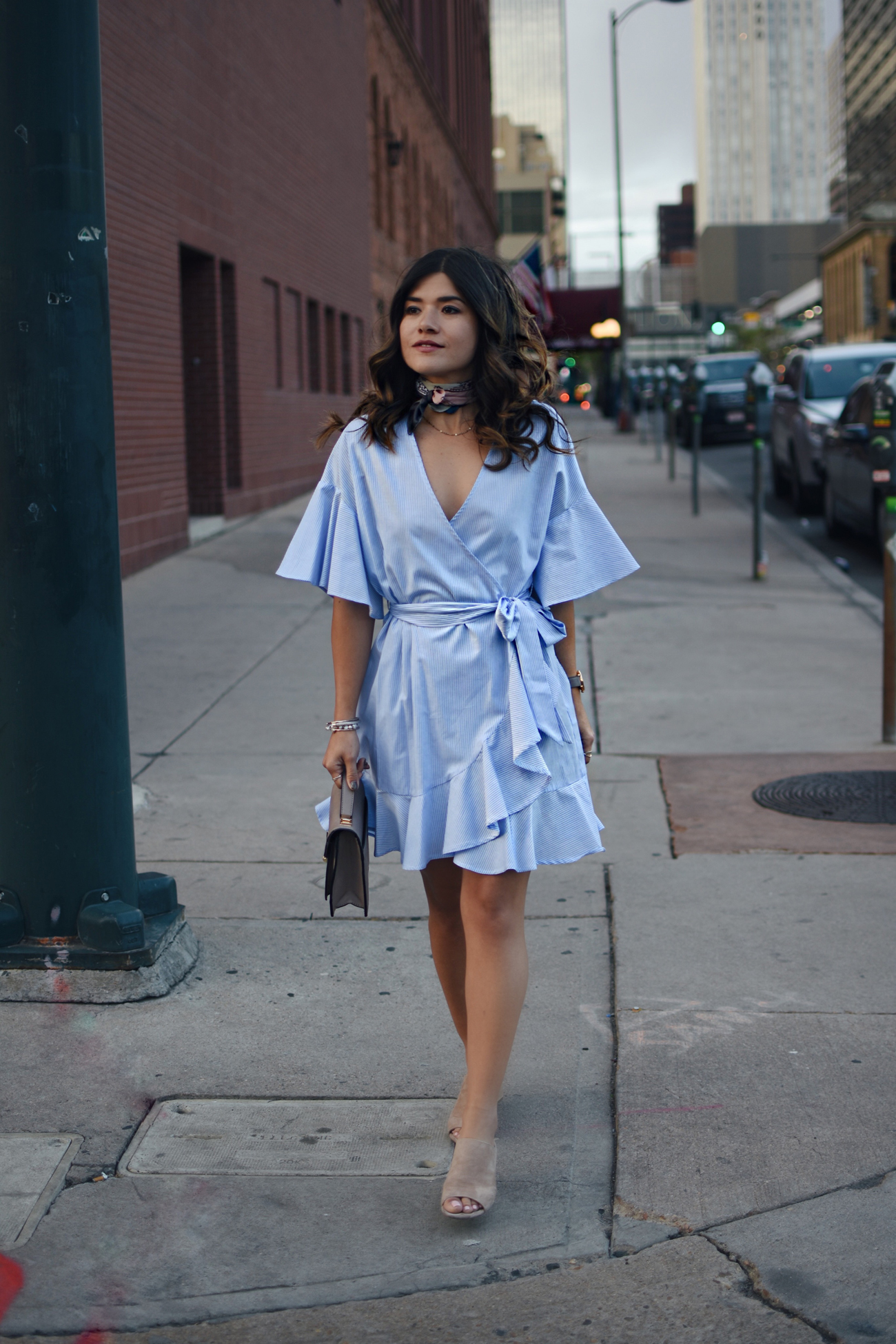 Carolina Hellal of Chic Talk wearing a Topshop spring dress with Donald J.Pliner nude mules and a Marc Jacobs watch. 