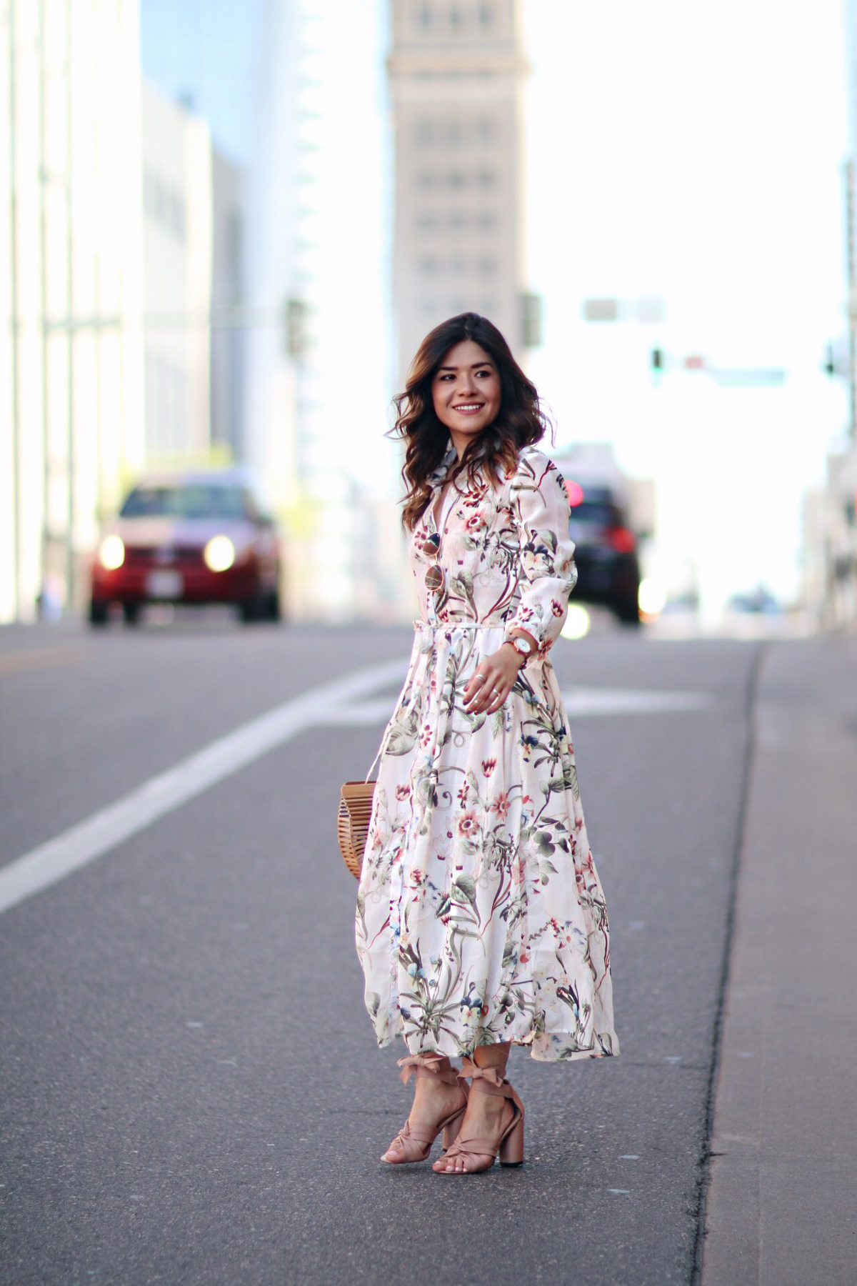 Carolina Hellal of Chic Talk wearing a Shein chiffon floral dress, Topshop blush lace sandals, Cultgaia Ark bag and Marc Jacobs watch