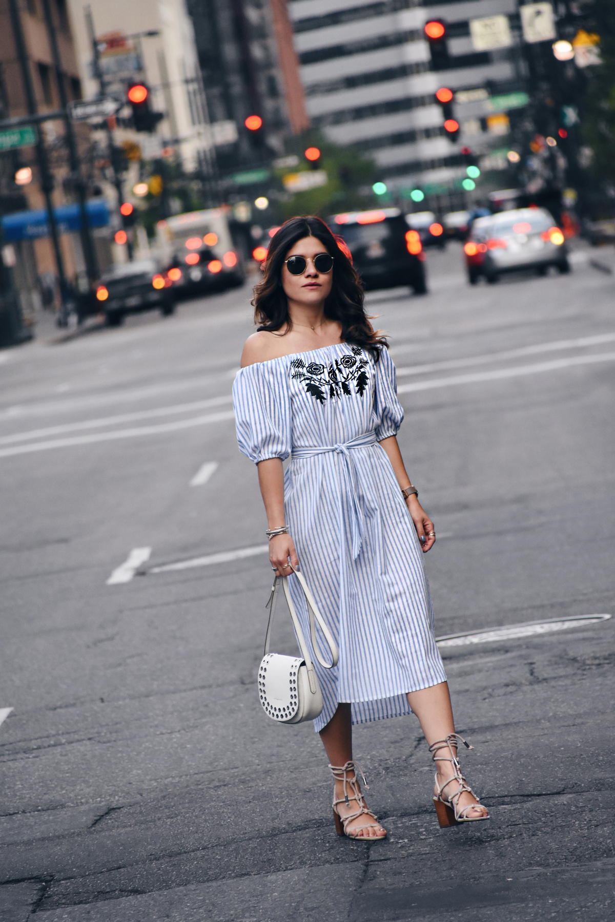 Carolina Hellal of Chic Talk wearing an off the shoulder shein dress, rayban sunglasses, marc jacobs watch and rebrecca minkoff shoes