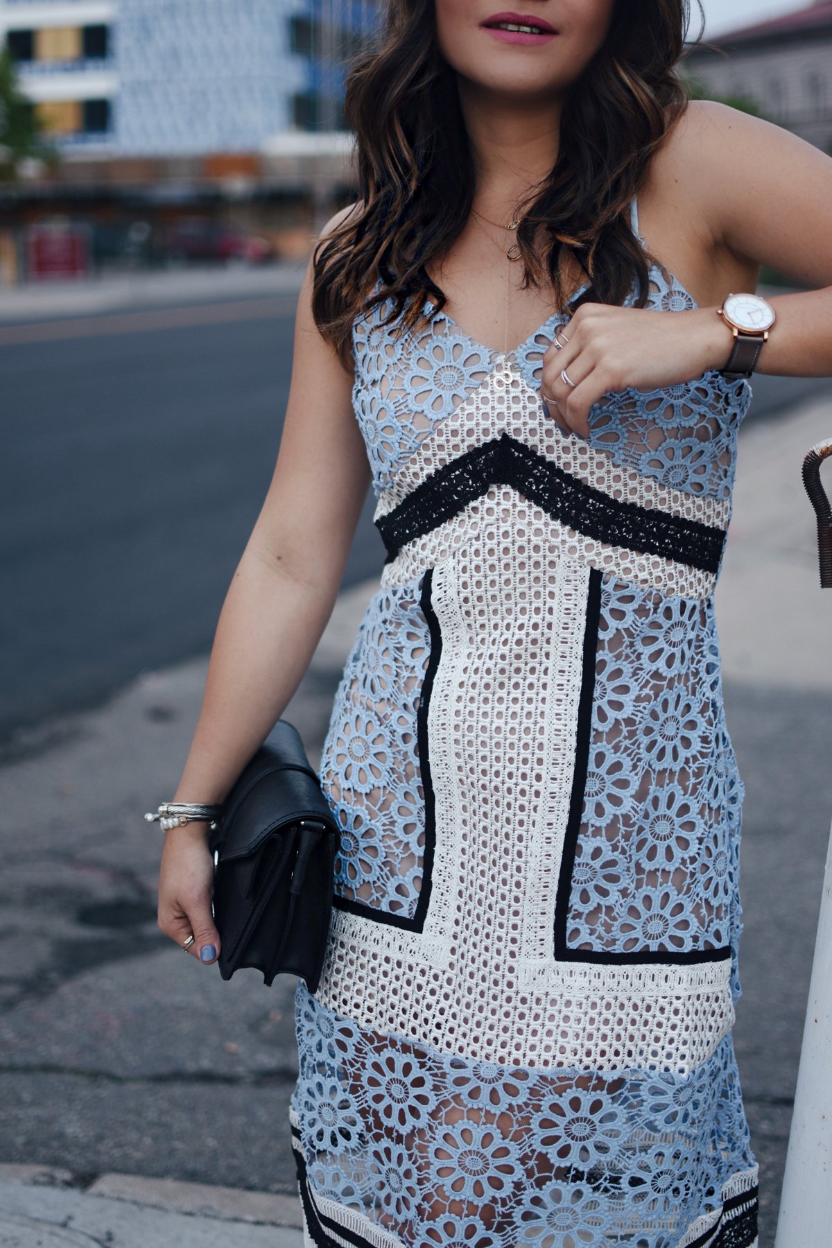 Carolina Hellal of Chic Talk wearing an Endless Rose contrast lace dress via Shopbop, Rebecca Minkoff Sandals and bag and a Marc Jacobs watch.
