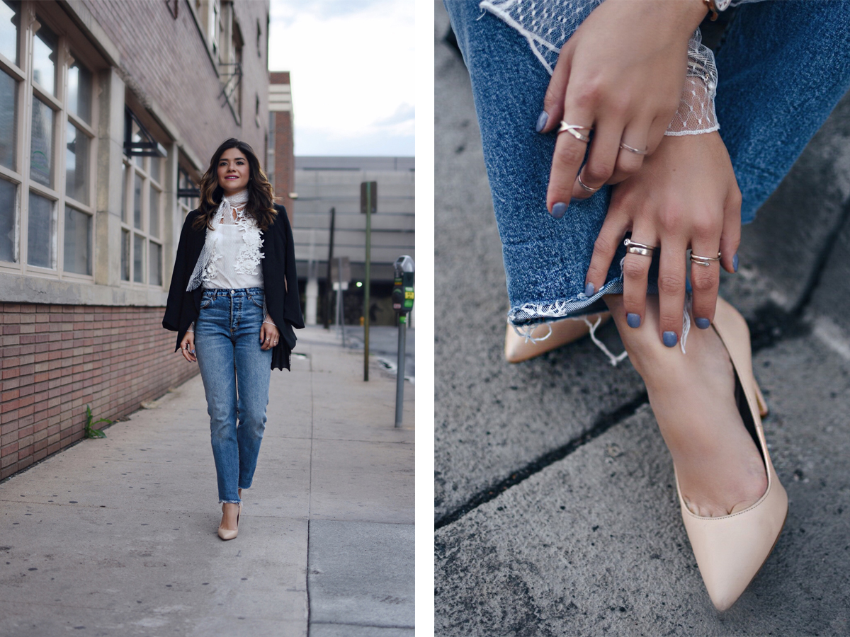 Carolina Hellal of Chic Talk wearing a white tulle chicwish top, rag&bone jeans and Sam Edelman nude pumps
