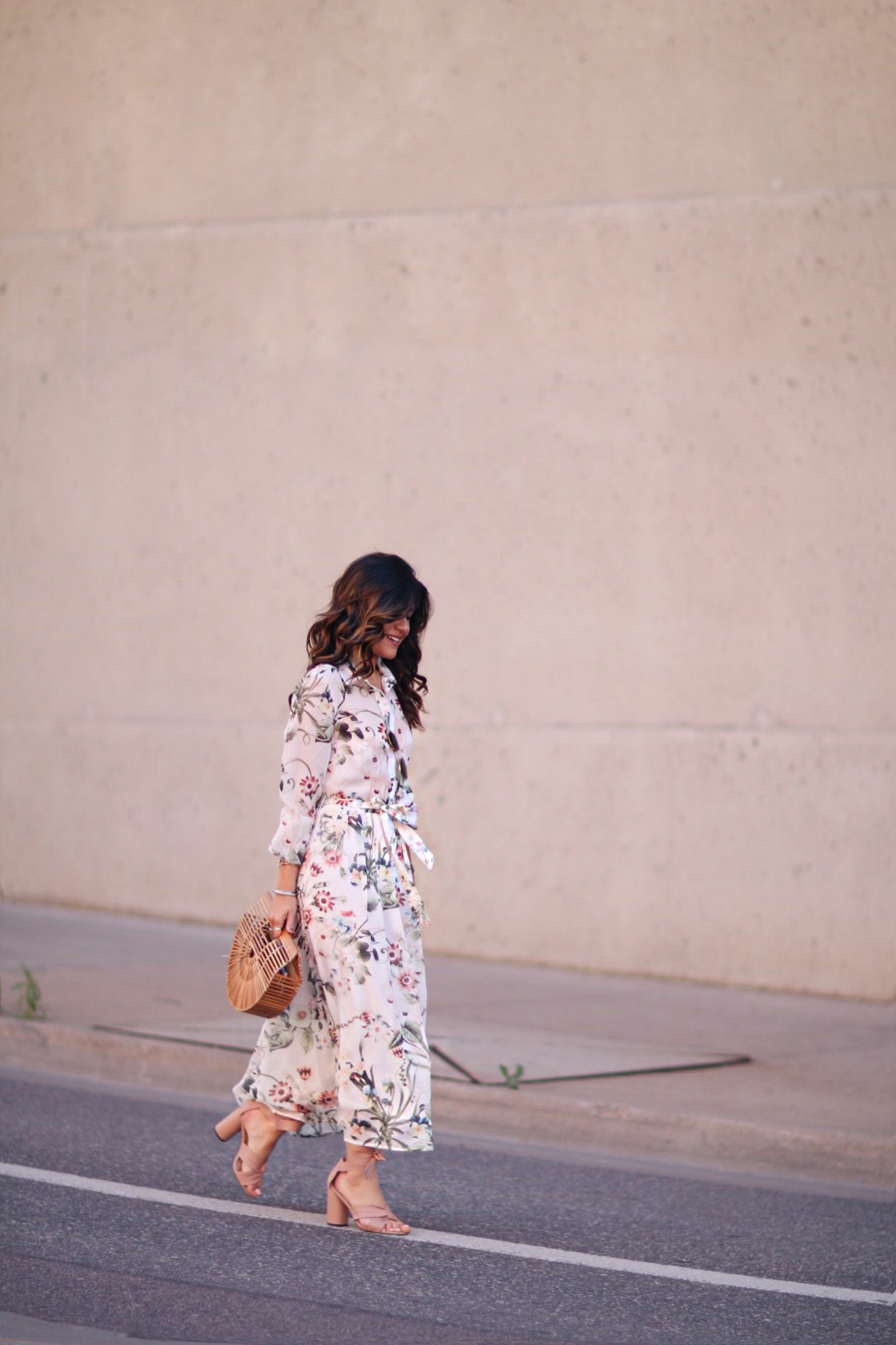 Carolina Hellal of Chic Talk wearing a Shein chiffon floral dress, Topshop blush lace sandals, Cultgaia Ark bag and Marc Jacobs watch