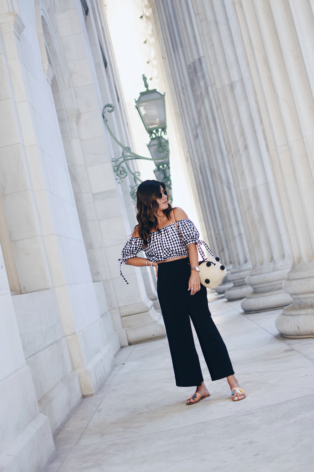 Carolina Hellal of Chic Talk wearing a Missguided gingham top, topshop pants, forever 21 sandals and Rebecca Minkoff bag