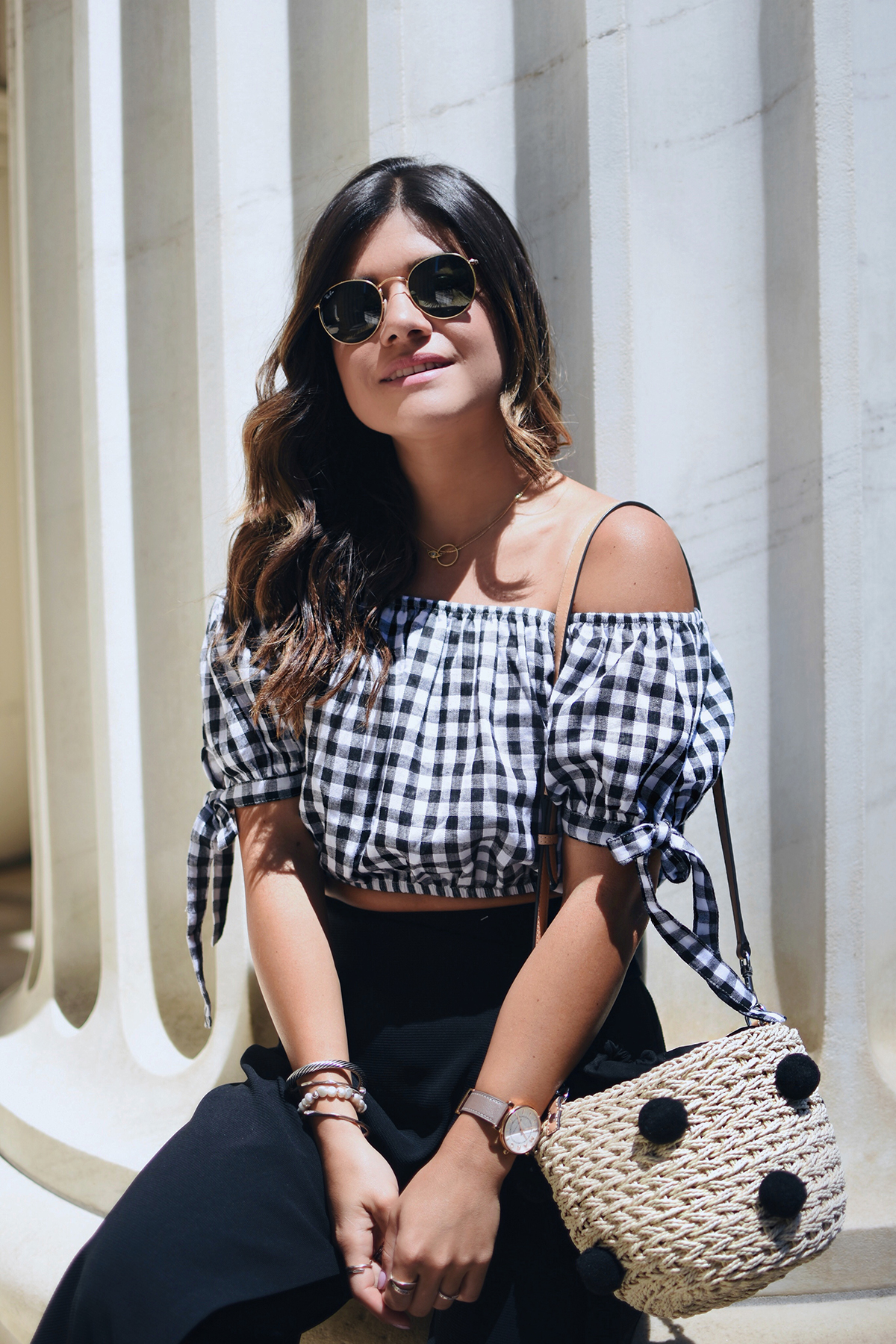 Carolina Hellal of Chic Talk wearing a Missguided gingham top, topshop pants, forever 21 sandals and Rebecca Minkoff bag