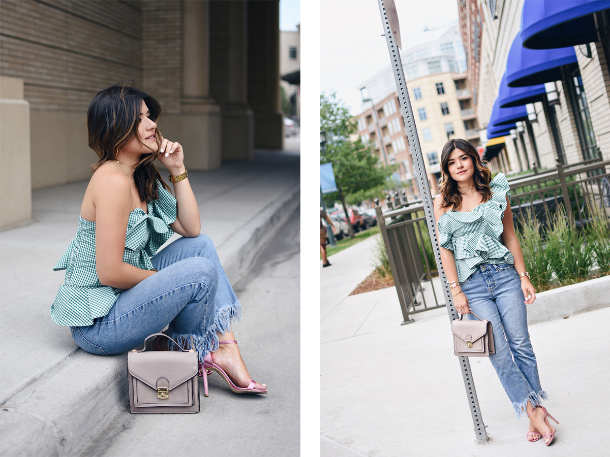 Carolina Hellal of Chic Talk wearing a Stylekeepers ginghan green top, topshop fringe jeans and public desire metallic sandals