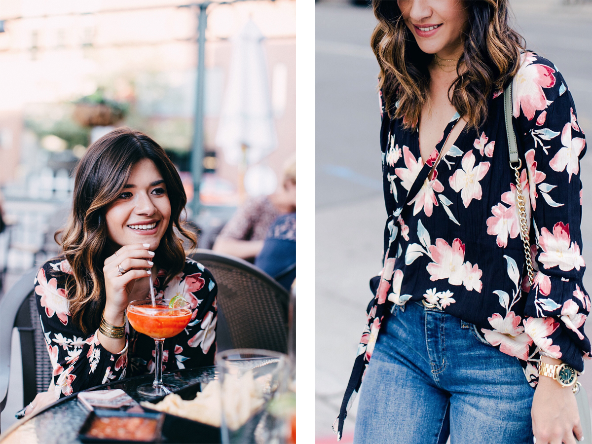 Carolina Hellal of Chic Talk wearing a floral top and Current Elliot jeans from the Nordstrom Anniversary Sale 2017