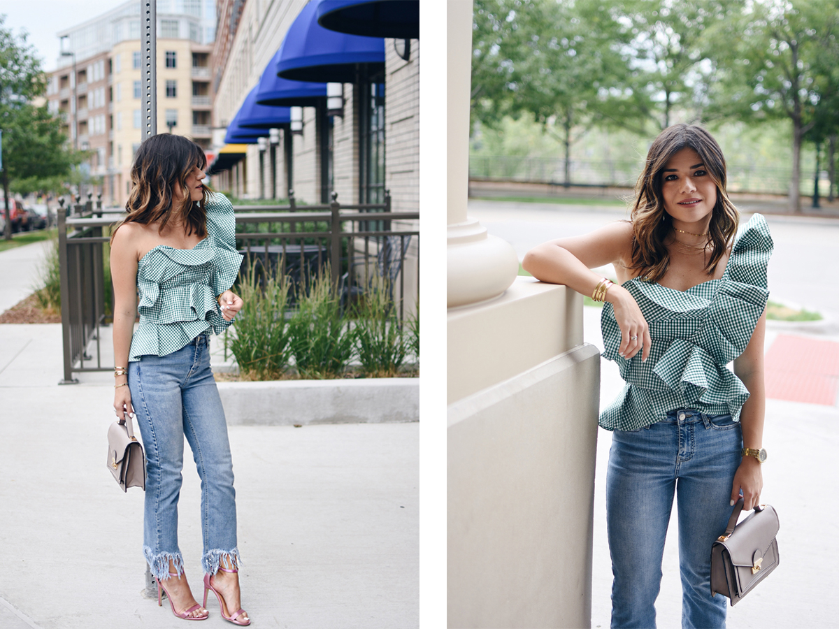 Carolina Hellal of Chic Talk wearing a Stylekeepers ginghan green top, topshop fringe jeans and public desire metallic sandals