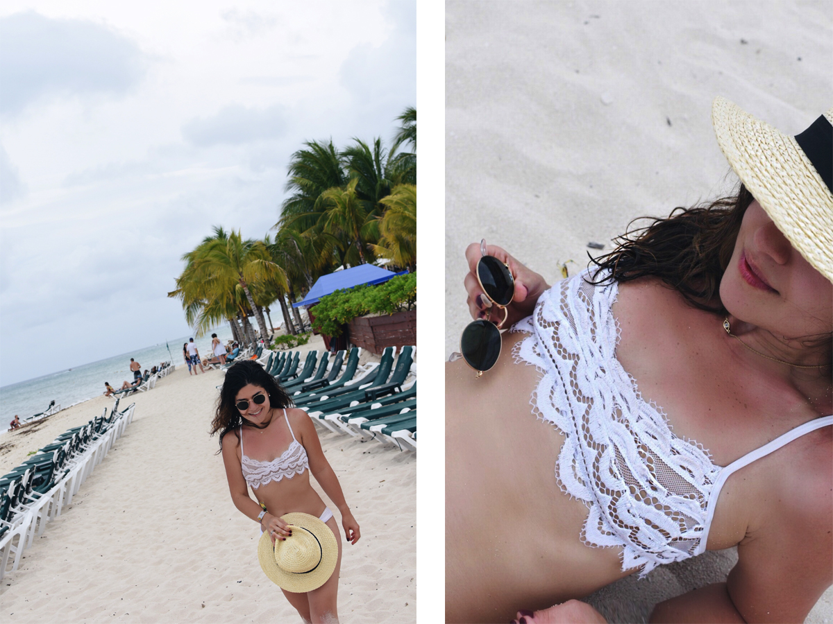 Carolina Hellal of Chic Talk wearing a PiliQ white lace bikini, target straw hat and ray ban sunglasses