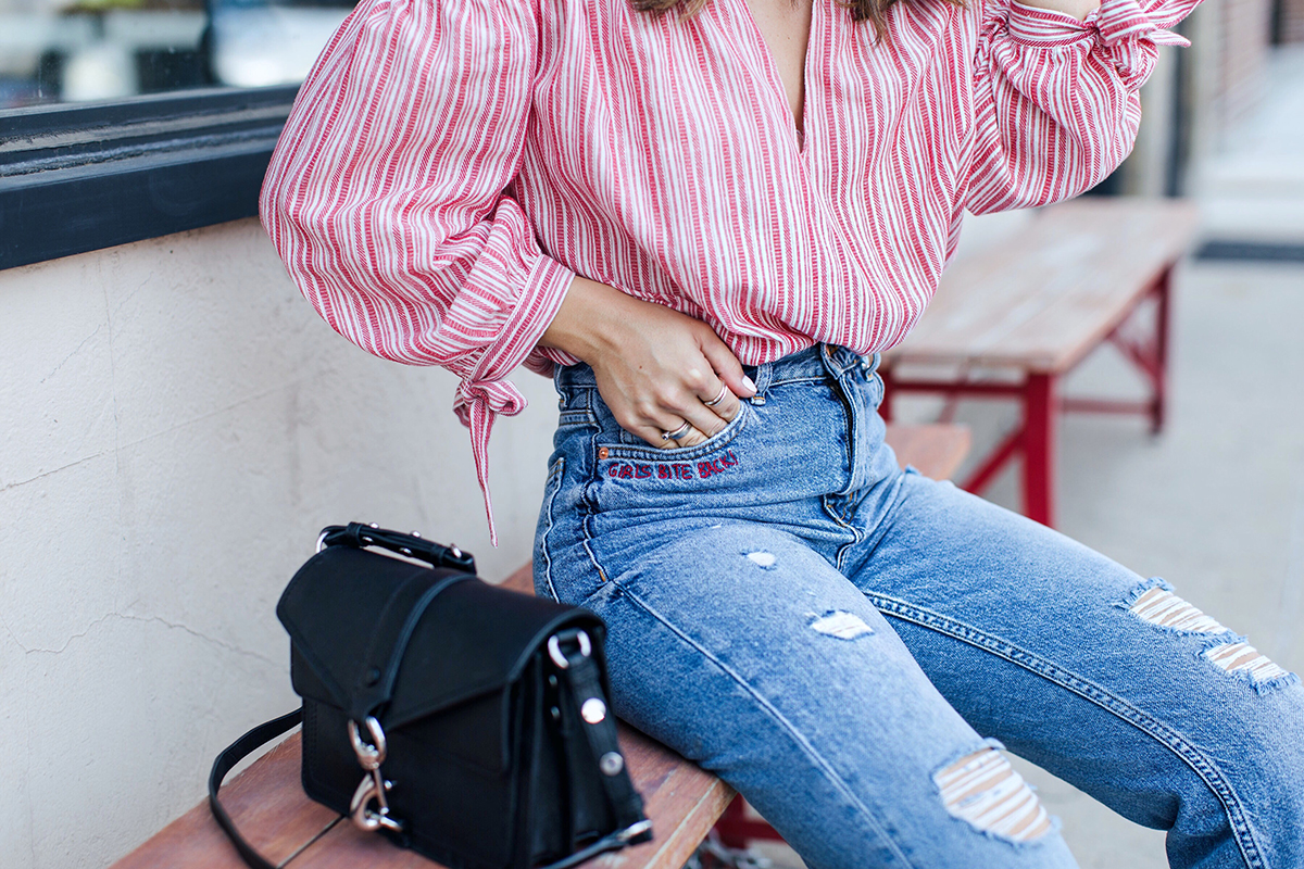 Carolina Hellal of Chic Talk wearing h&m boyfriend jeans, shein off the shoulder top, chinese laundry sandals and Rebecca Minkoff sandals