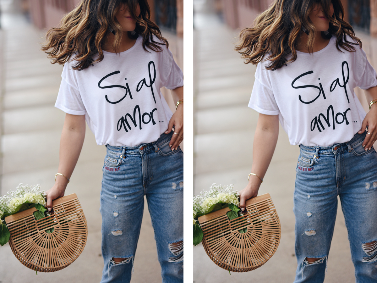 Carolina Hellal of Chic Talk wearing a t-shirt from the Si al amor t-shirt collection by Chic Talk. 