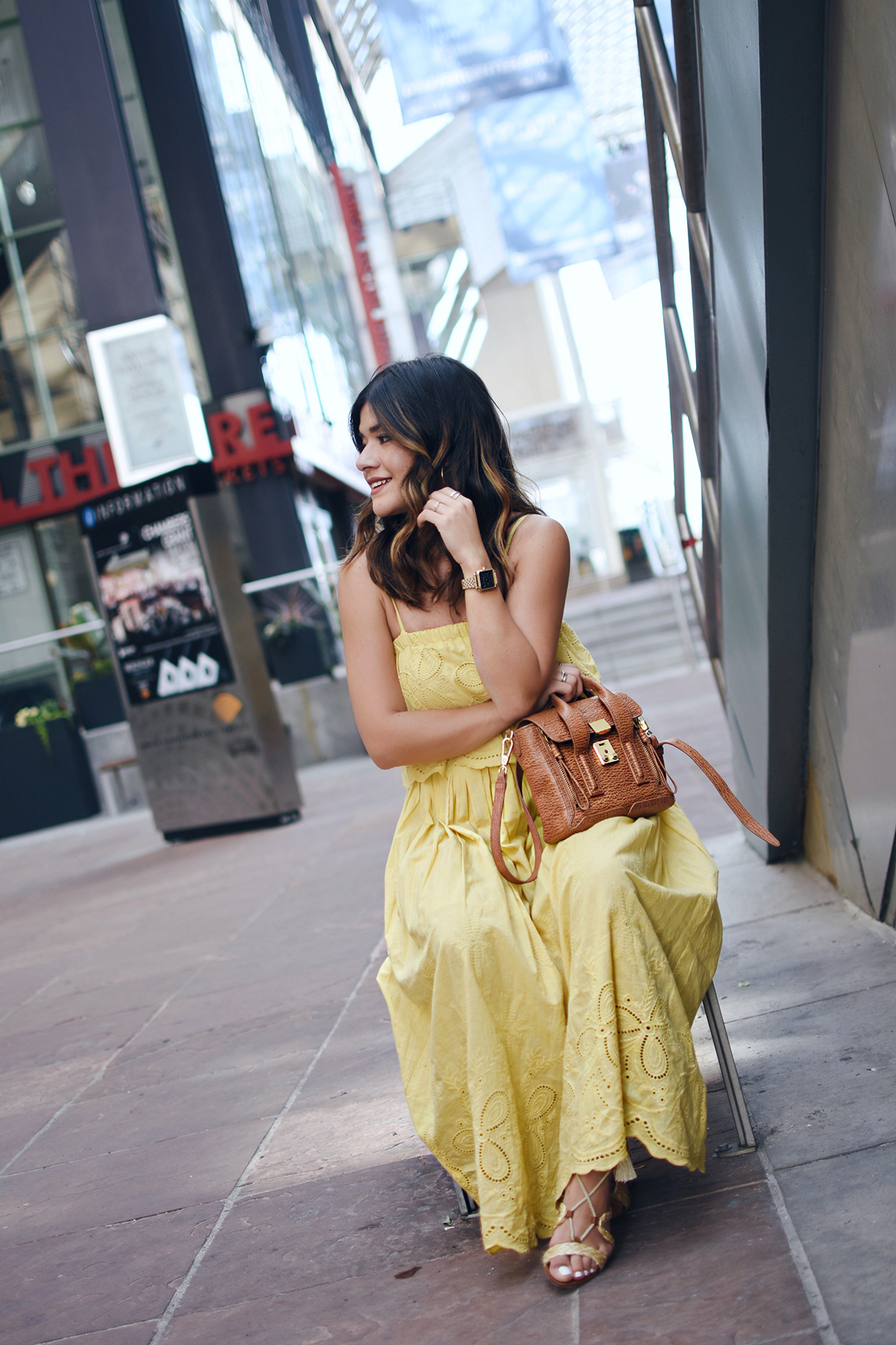 Carolina Hellal of Chic Talk wearing a Chicwish maxi yellow dress, MIA sandals, Argento vivo chockers and Phillip Lim satchel bag
