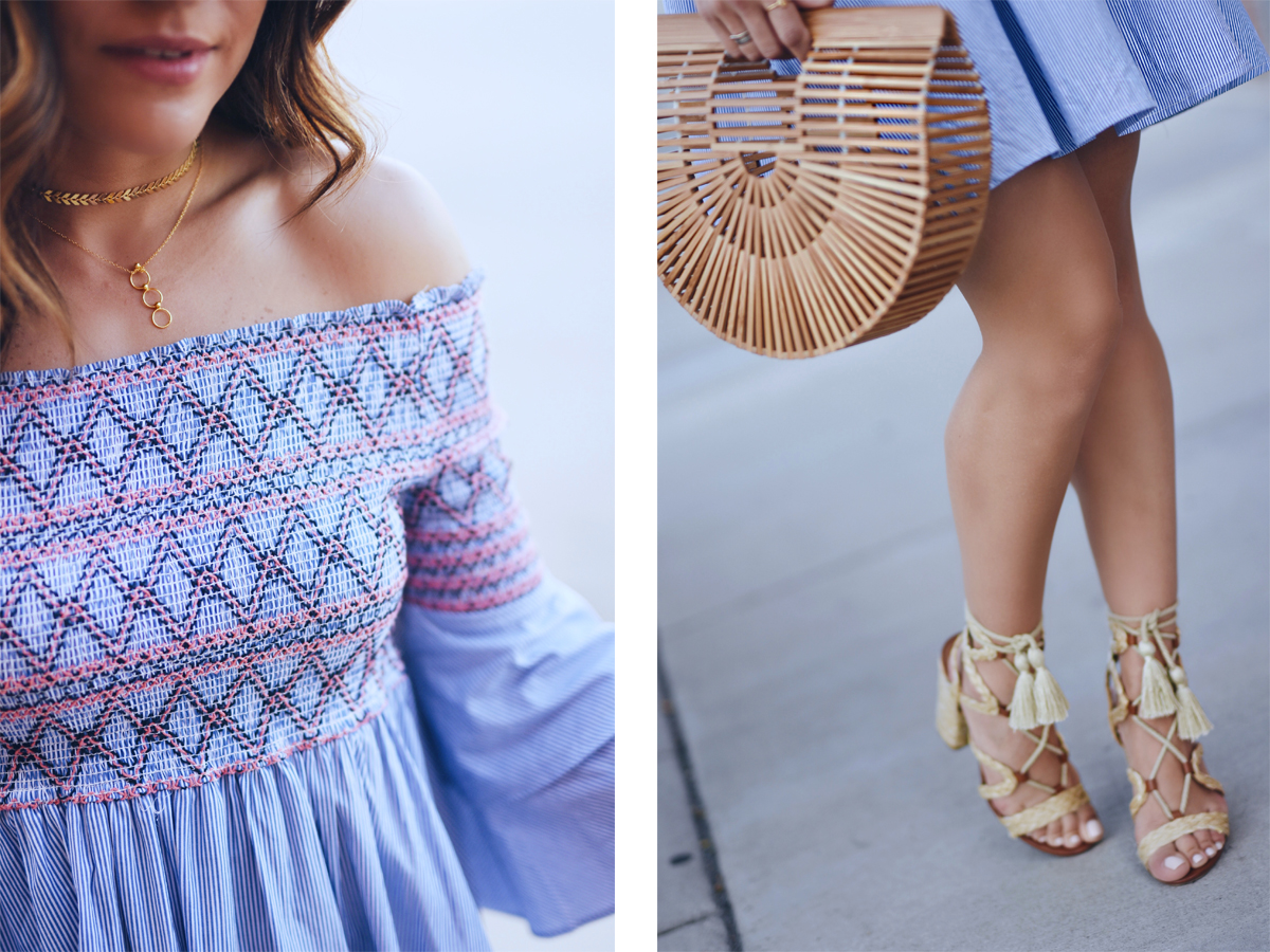 Carolina Hellal of Chic Talk wearing a Chicwish off the shoulder dress, wick lace up sandals and Cult Gaia ark bag