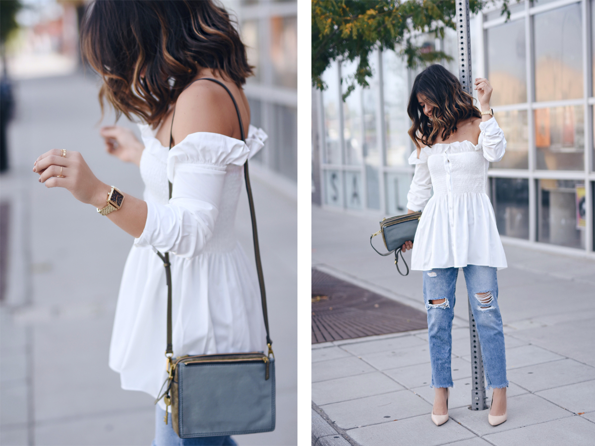 Carolina Hellal of Chic Talk wearing a chicwish off the shoulder white top, H&M straight jeans, Sam Edelman pumps and Fossil crossbody bag