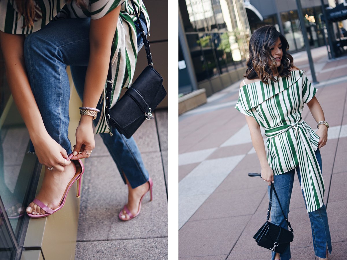 Carolina Hellal of Chic Talk wearing a J.O.A top, Free People jeans, Public Desire sandals and Rebecca Minkoff