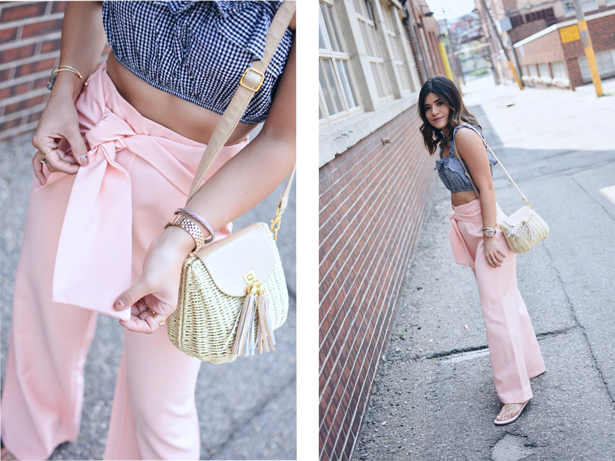 Carolina hellal wearing shein pink pants, gingham top, and Amazon fashion straw bag