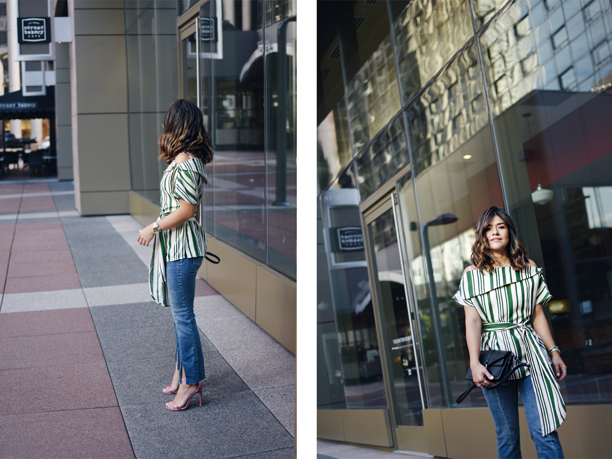 Carolina Hellal of Chic Talk wearing a J.O.A top, Free People jeans, Public Desire sandals and Rebecca Minkoff
