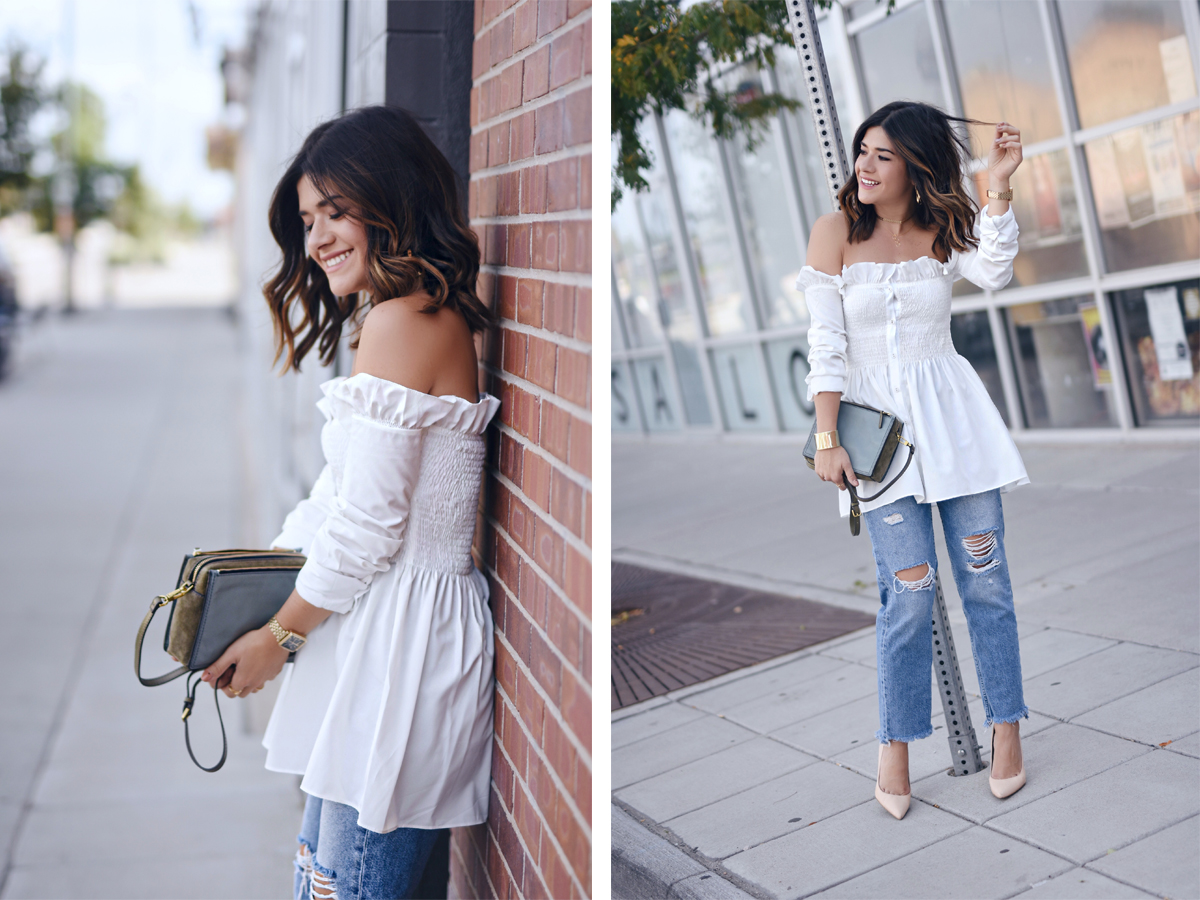 Carolina Hellal of Chic Talk wearing a chicwish off the shoulder white top, H&M straight jeans, Sam Edelman pumps and Fossil crossbody bag