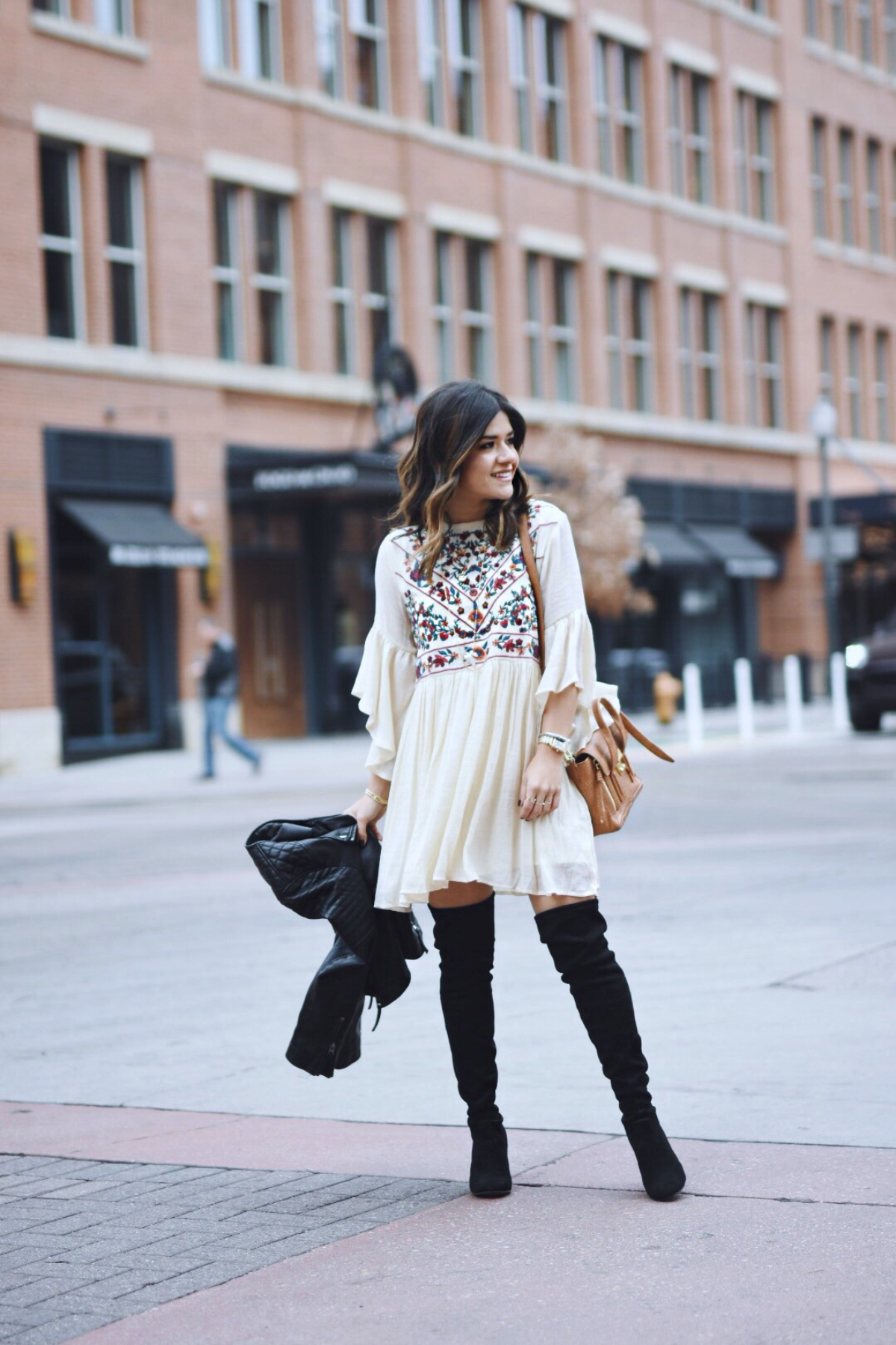 Carolina Hellal of Chic Talk wearing an Altar'd State dress, steve madden over the knee boots and 3.1 phillip lim bag